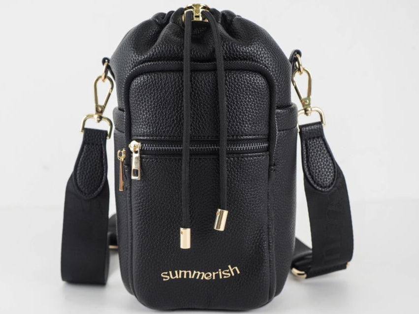Black and Light Gold PU Leather Water Bottle Bag Front View
