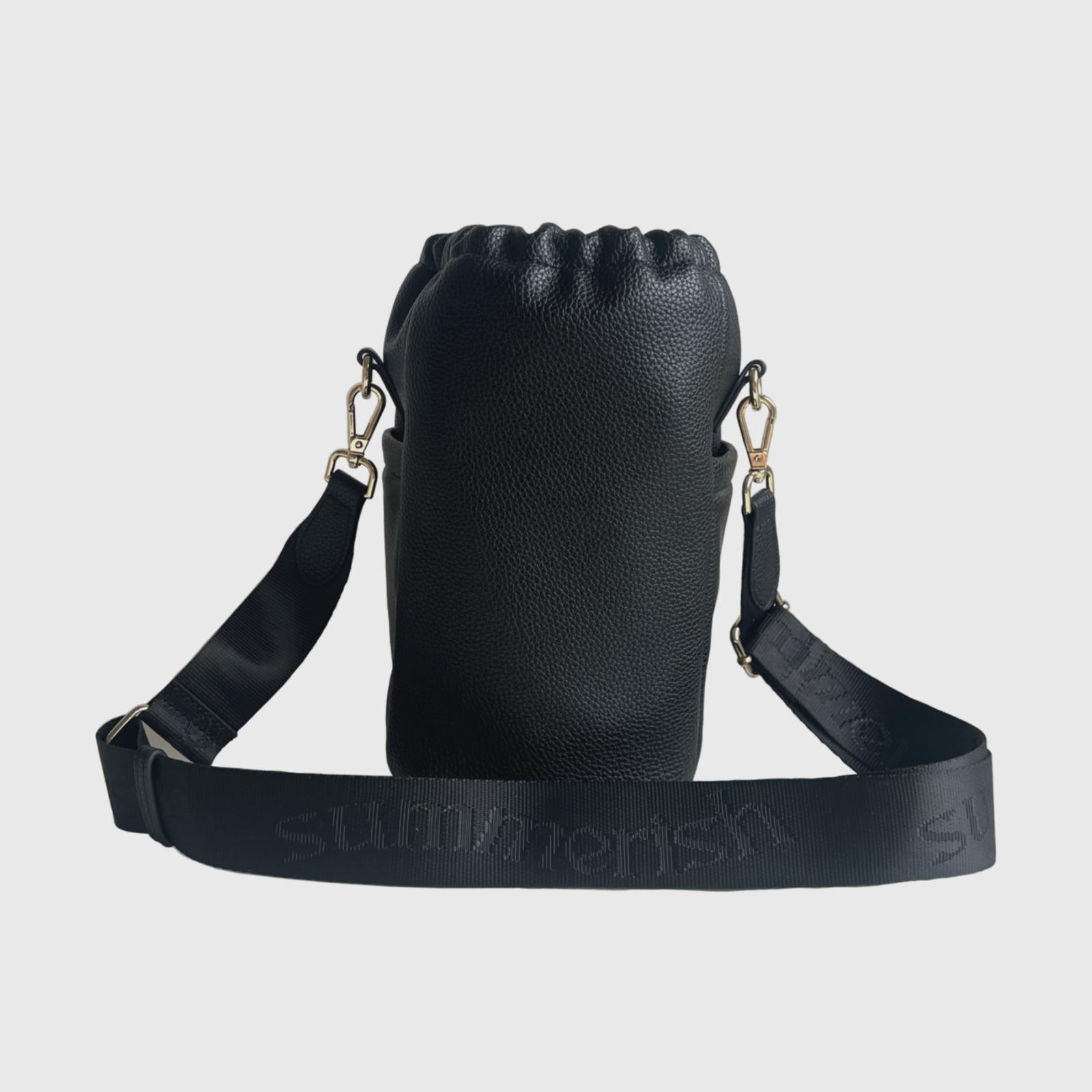 Black water bottle bag back view 